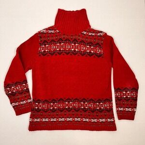Vtg Sweater Womens Small Red Chenille Mock Neck Nordic Fair Isle Cabin Cozy‎